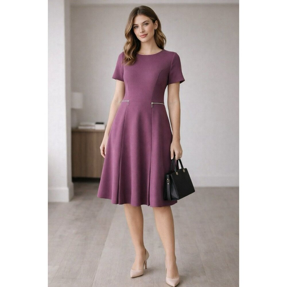 Next Purple Fit & Flare Dress Size M Textured Short Sleeve Pleated Zip Detail - Picture 1 of 10